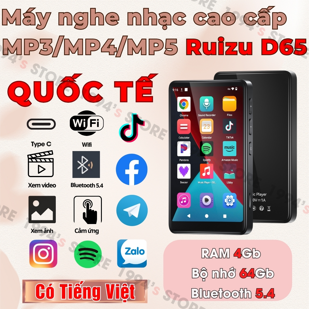 Ruizu D65 Máy Nghe Nhạc Android 14 Bluetooth MP3/MP4/MP5 - Có Tiếng Việt - WiFi, Bluetooth - Xem Youtube/Zalo/FB/Tóp Tóp