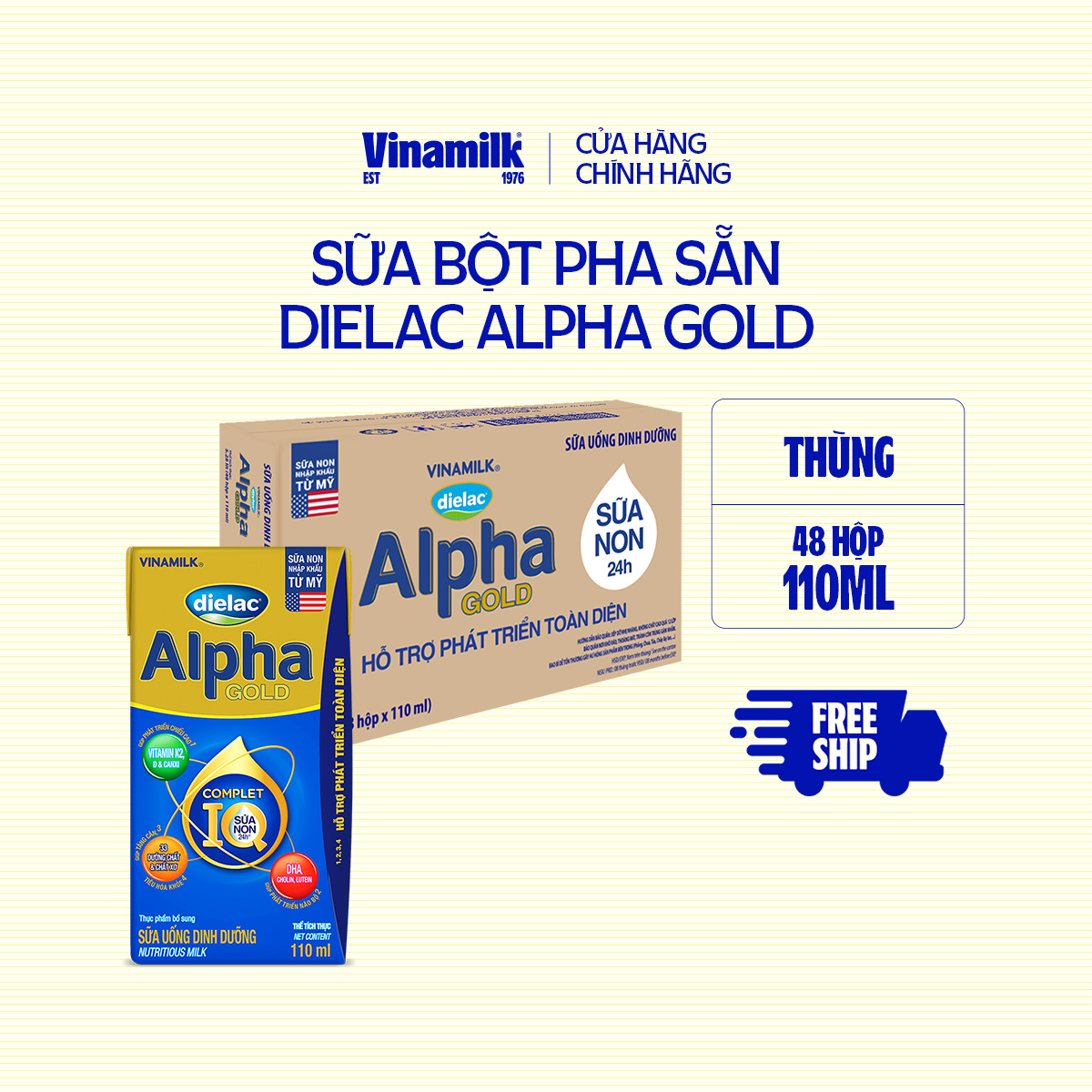 Thùng 48 hộp sữa bột pha sẵn Vinamilk Dielac Alpha Gold 110ml - Sữa nước hỗ trợ phát triển trí não của trẻ, tăng cân, chiều cao