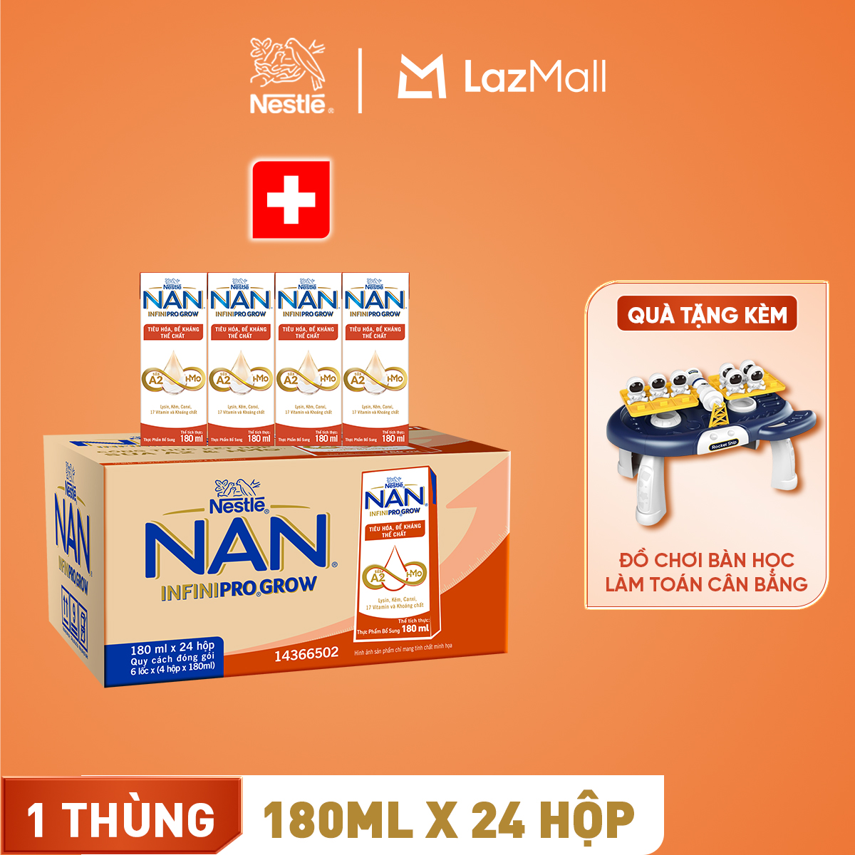 [Tặng Đồ chơi bàn học làm toán cân bằng] Thùng 24 hộp sữa pha sẵn Nestle NAN INFINIPRO GROW với công thức vượt trội kết hợp sữa A2 và HMO hỗ trợ tiêu hóa, đề kháng và phát triển thể chất (4x180ml)