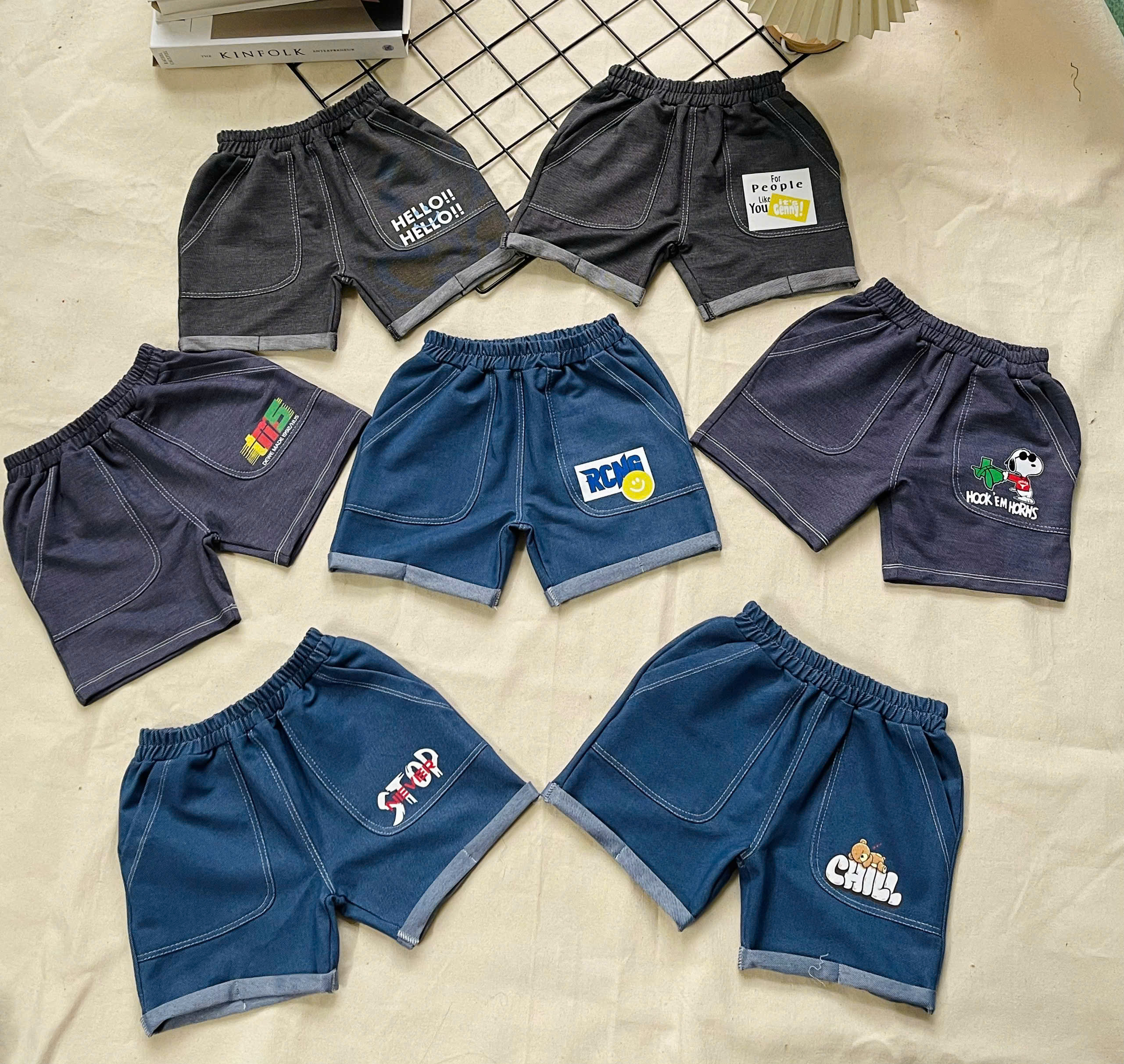 Quần đùi thun cotton giả jean bé trai túi đắp cho bé từ 10-38kg