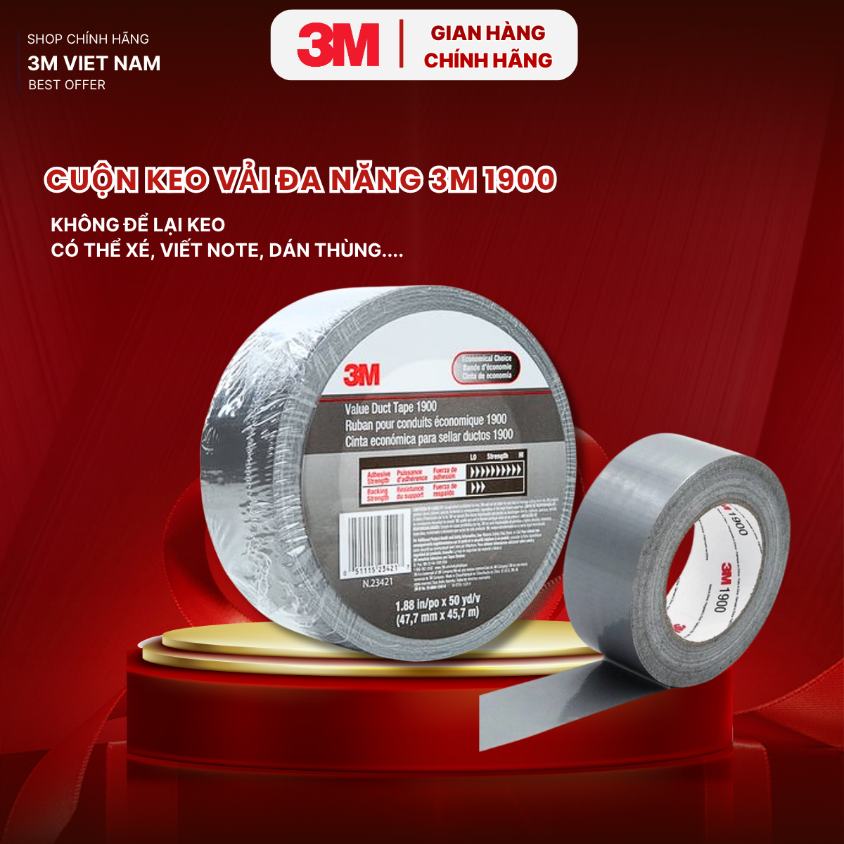 Băng keo đa năng Duct tape 1900 3M 47,4mm x 45,7m  - Xé băng tay  dán thùng, đóng hàng vận chuyển sân bay, bó hàng, viết Note thông tin, .... 2 màu xám, vàng