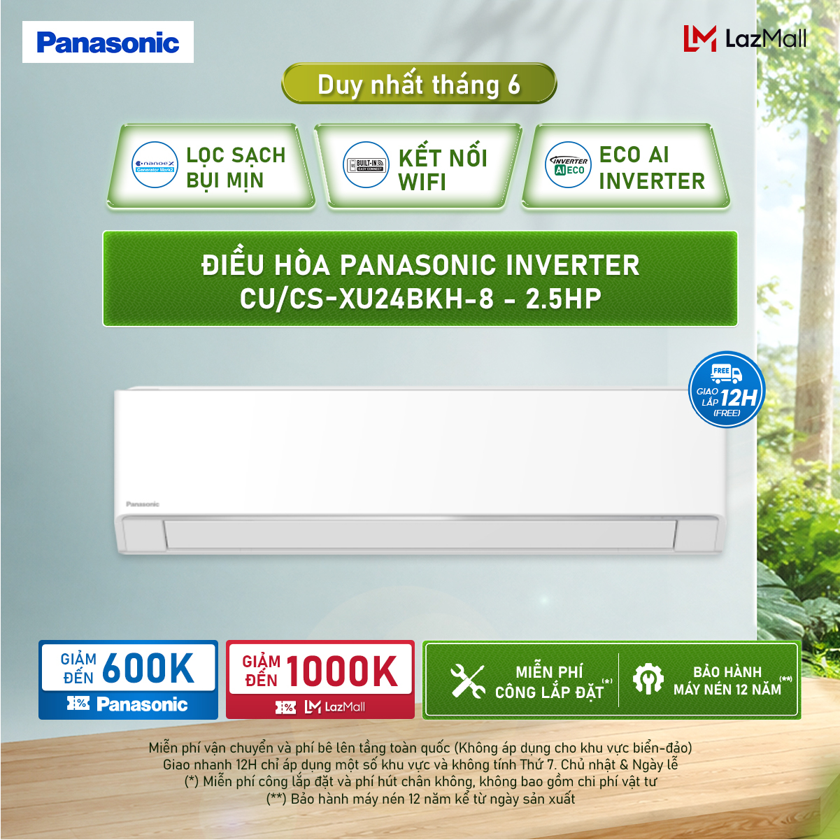 [ Sẵn hàng miền Bắc] Điều hòa Panasonic Inverter CU/CS-XU24BKH-8 - 2.5HP - Một chiều - Lọc sạch không khí NanoeX - Wifi