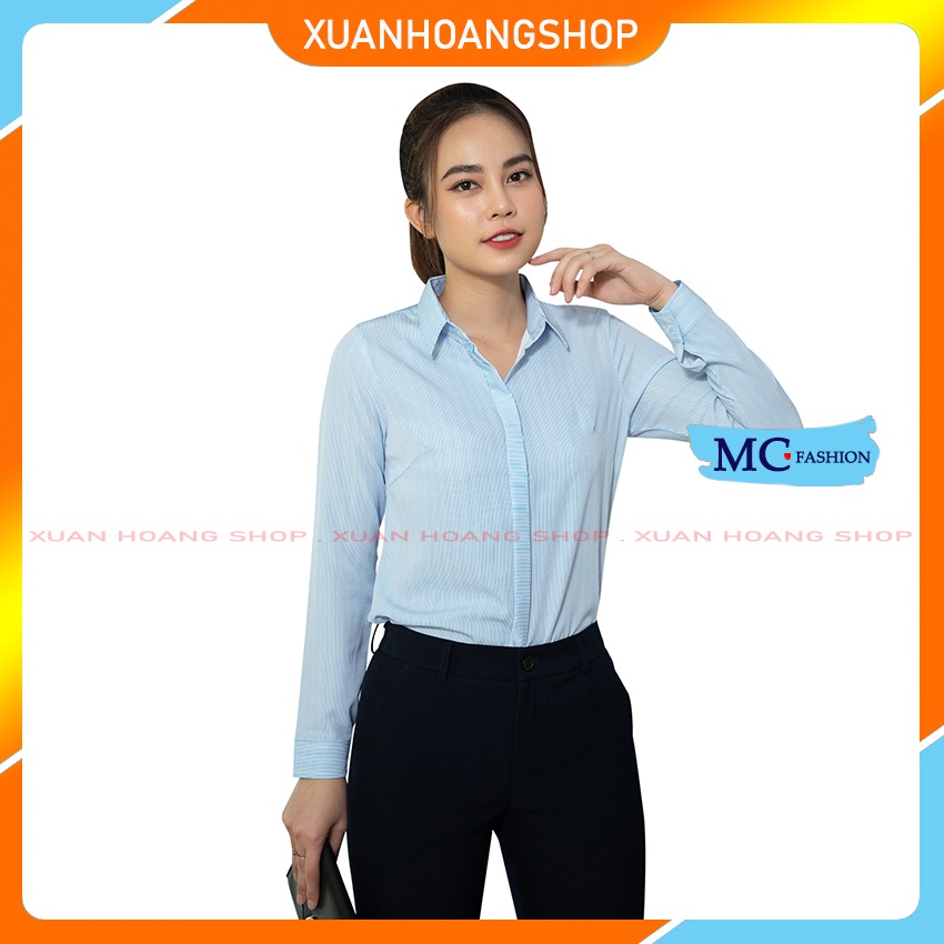 Áo Sơ Mi Nữ Tay Dài Mc Fashion, Kiểu Công Sở, Họa Tiết Kẻ Sọc, 3 Màu Sắc Xanh Dương A0298, Xanh Nhạt, Hồng, Vải Lụa Đẹp