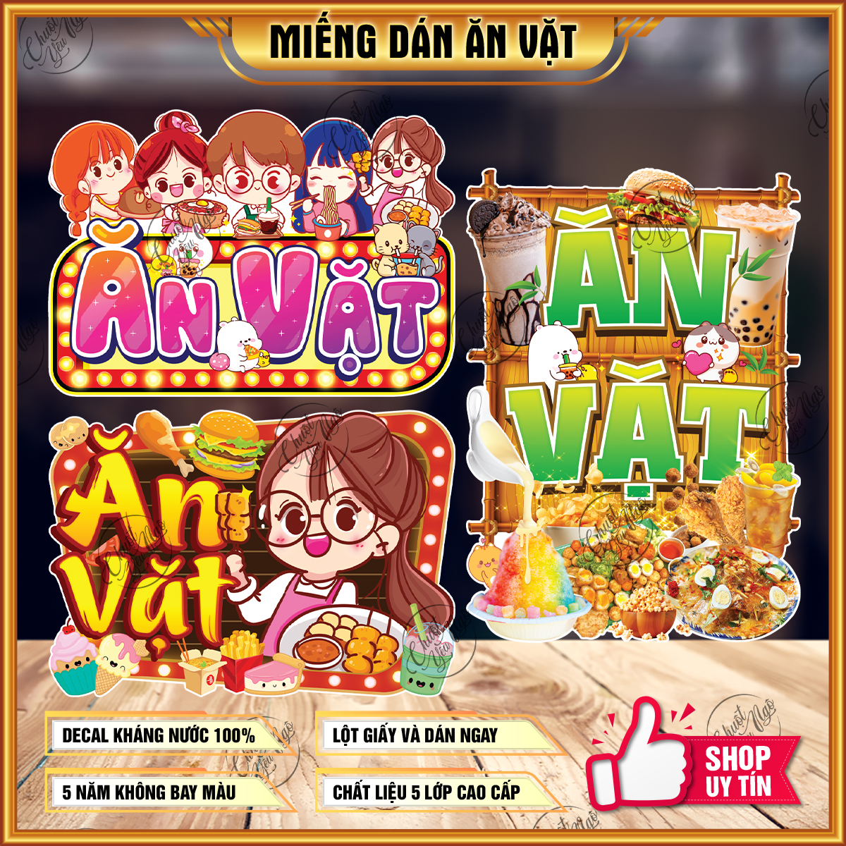 Miếng dán ĂN VẶT sticker trang trí quán ăn trà sữa thức uống đồ ăn hình dán