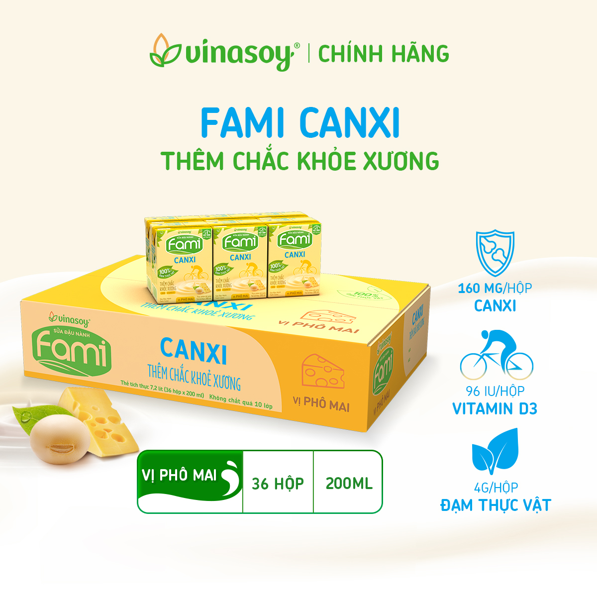 Thùng sữa đậu nành Fami Canxi Phô Mai (36 hộp x 200ml)
