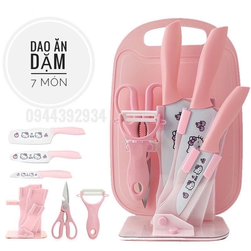 Bộ dao thớt 7 món hello kitty- dao ăn dặm cho bé - thép cao cấp kháng khuẩn không gỉ