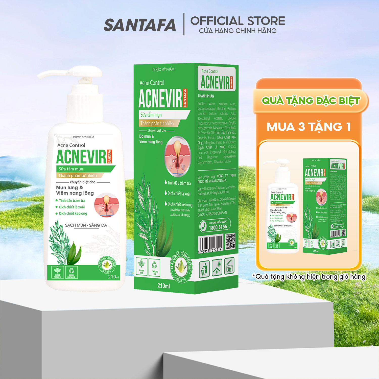 Sữa tắm mụn lưng, viêm lỗ chân lông, viêm nang lông, kháng khuẩn, sạch mụn acnevir santafa - chai 210ml