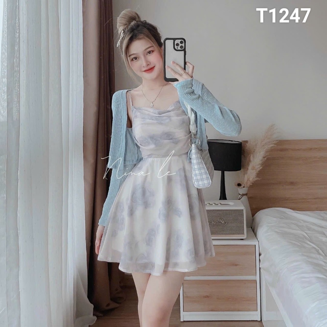 Set áo khoác kèm đầm voan hoa 2 dây dáng xoè cổ đổ màu y hình chất liệu voan cotton T1247