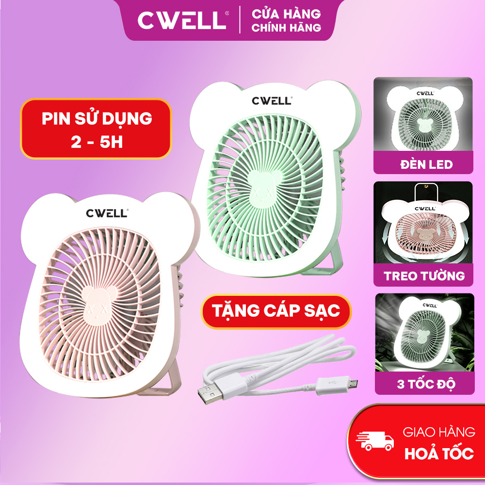 Quạt mini để bàn, Quạt tích điện kiêm quạt Có Đèn Led, Quạt điện 3 tốc độ gió, Pin khủng, Xoay 180 độ hàng chính hãng CWELL