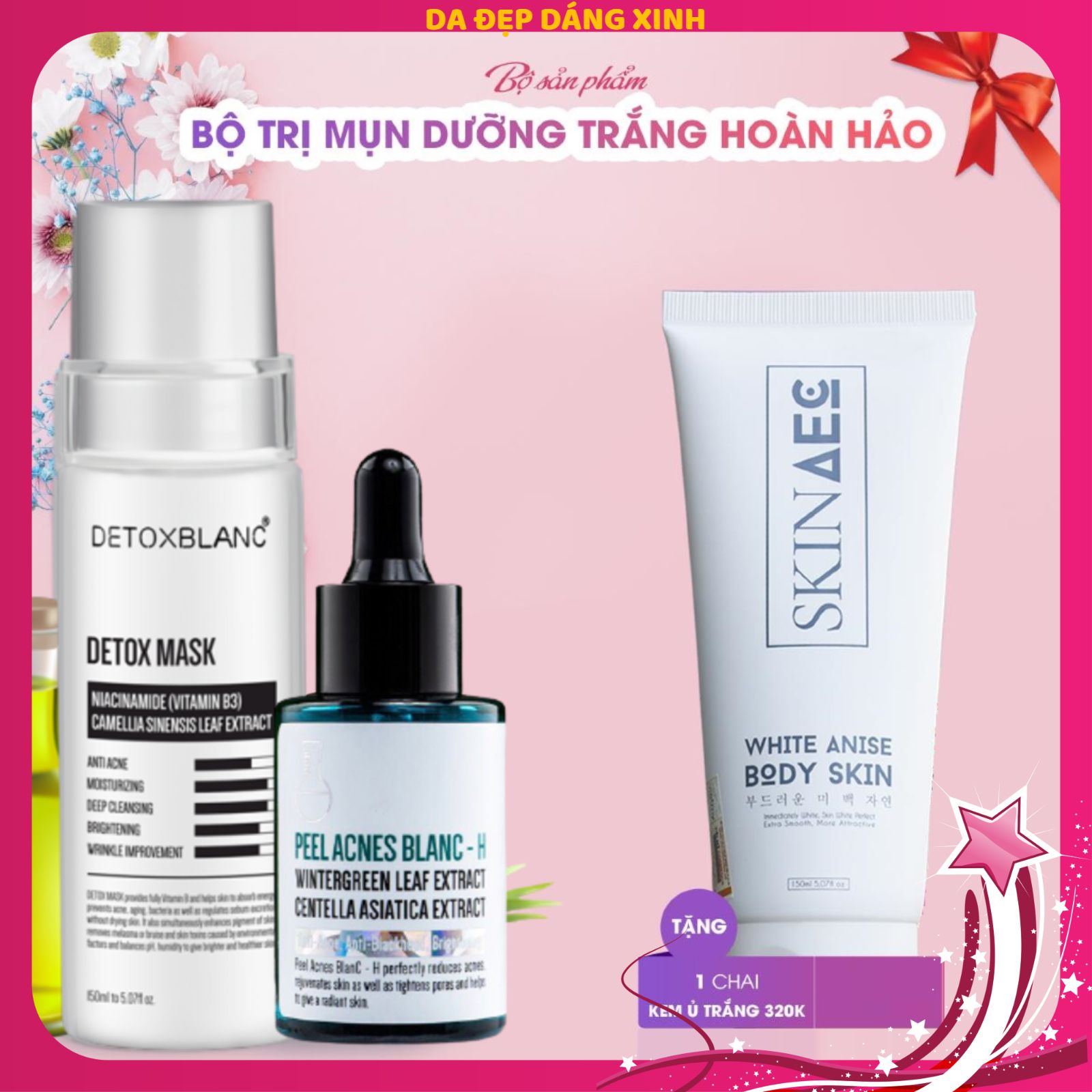 Bộ đôi xóa mụn thâm Detox BlanC tặng ủ trắng than hoạt tính skin aec 150ml