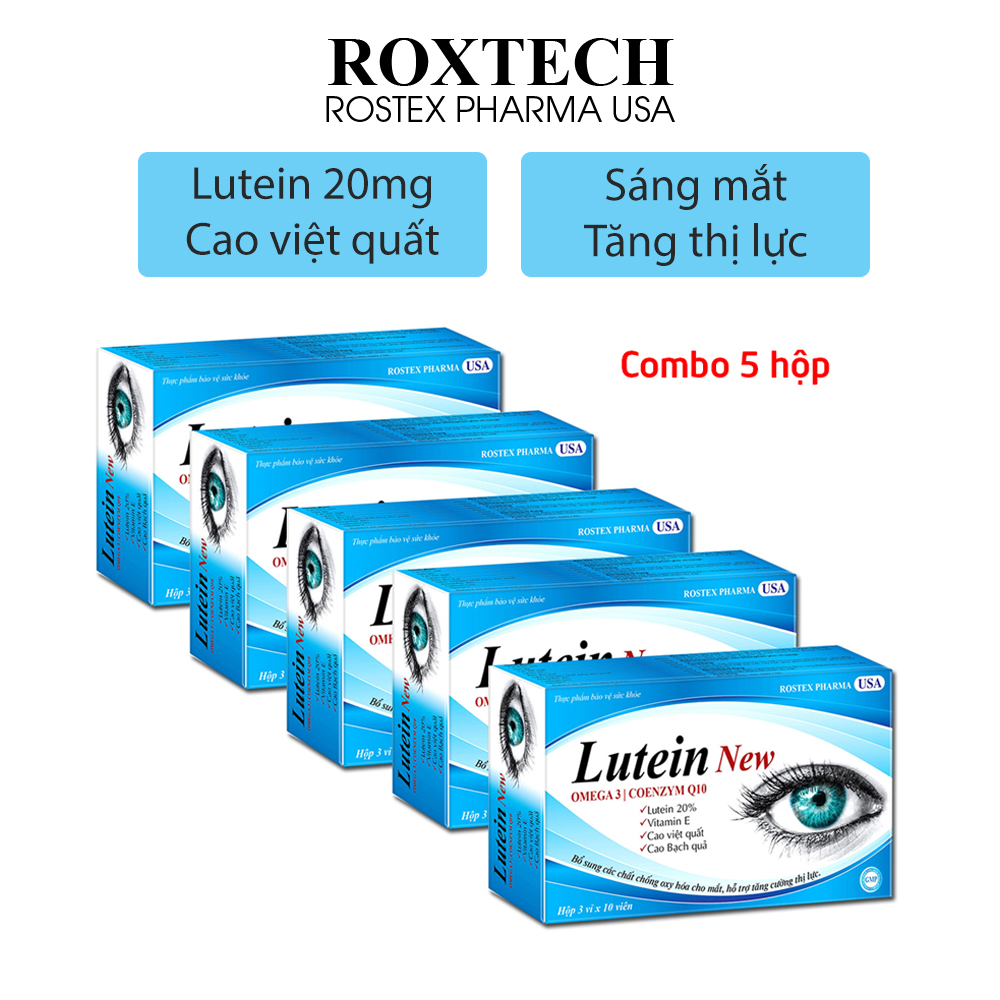 Combo 5 hộp Viên uống sáng mắt Lutein New 20mg, Omega 3, Cao việt quất, Dầu gấc giúp giảm khô mắt, mỏi mắt, mờ mắt - Hộp 30 viên