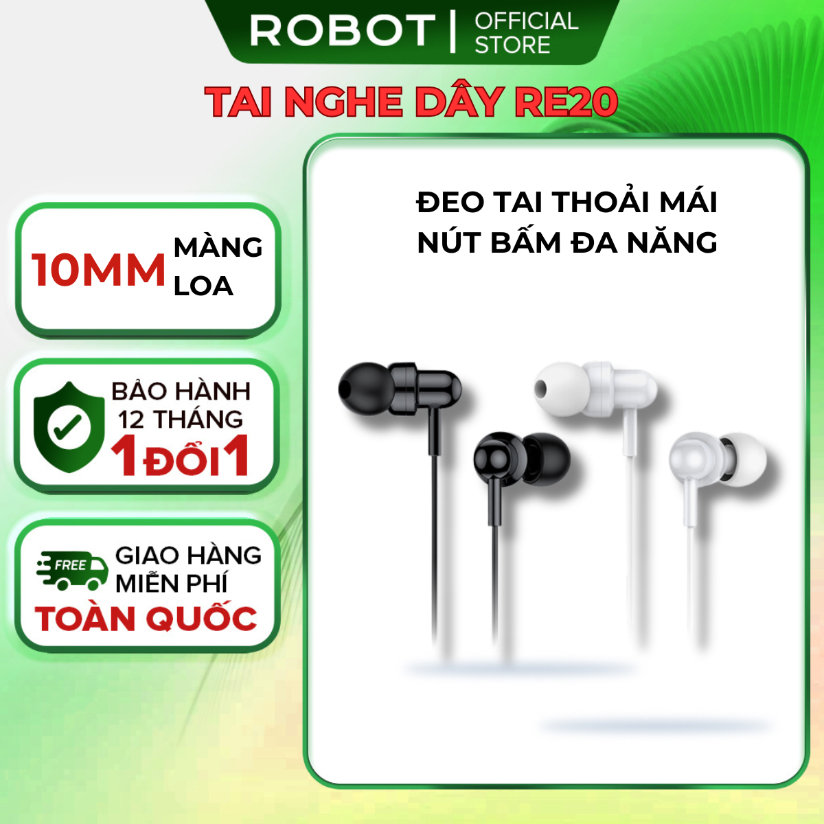Tai nghe có dây Robot RE20 thiết kế nhét tai âm thanh hd trong rõ nghe nhạc chơi game có micro đàm thoại cổng 3.5mm l hàng chính hãng