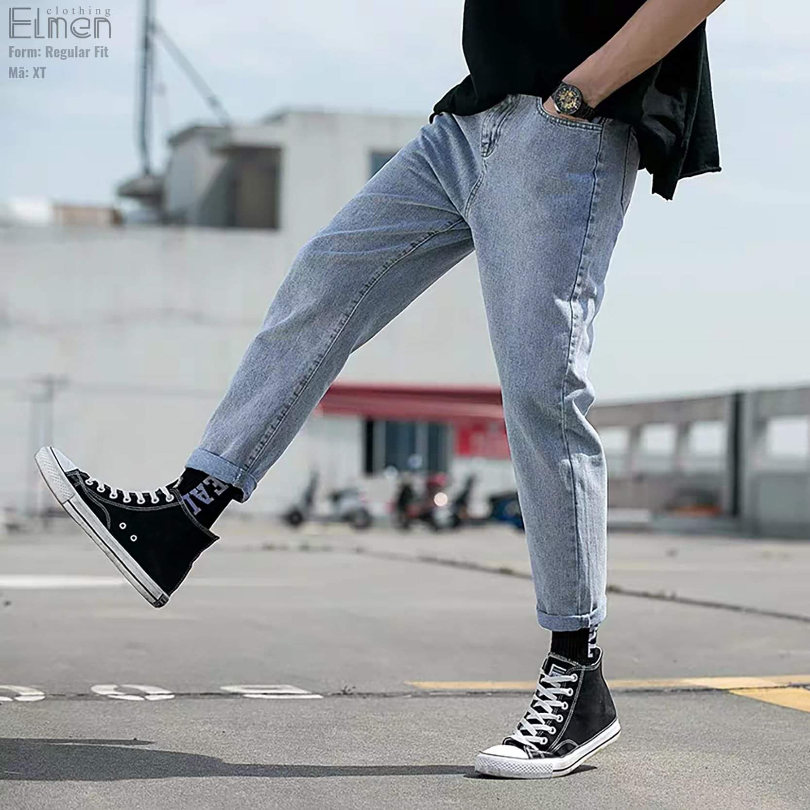 Quần baggy jean nam ống suông – quần jean nam đẹp cao cấp xanh trơn