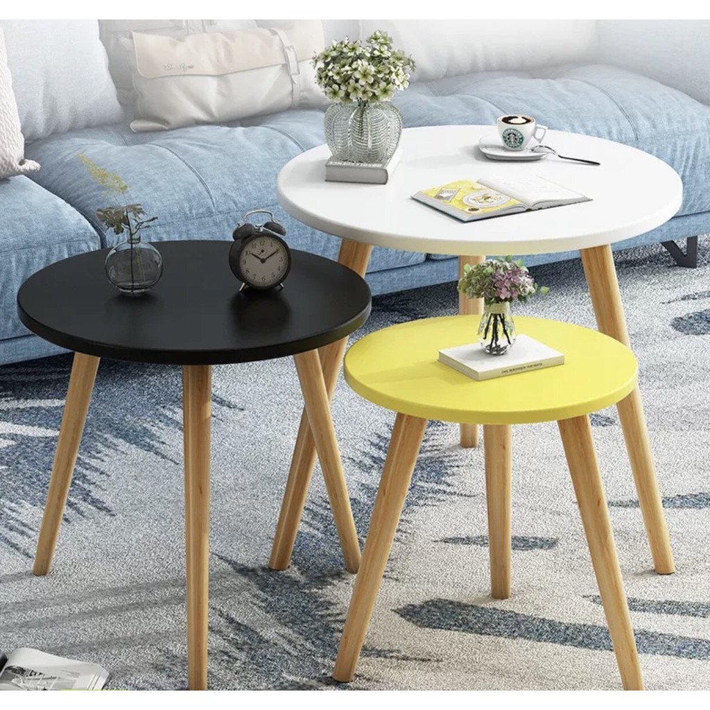 Bàn trà tròn sofa, bàn cafe eames 3 chân gỗ ngồi bệt mặt bàn 60cm