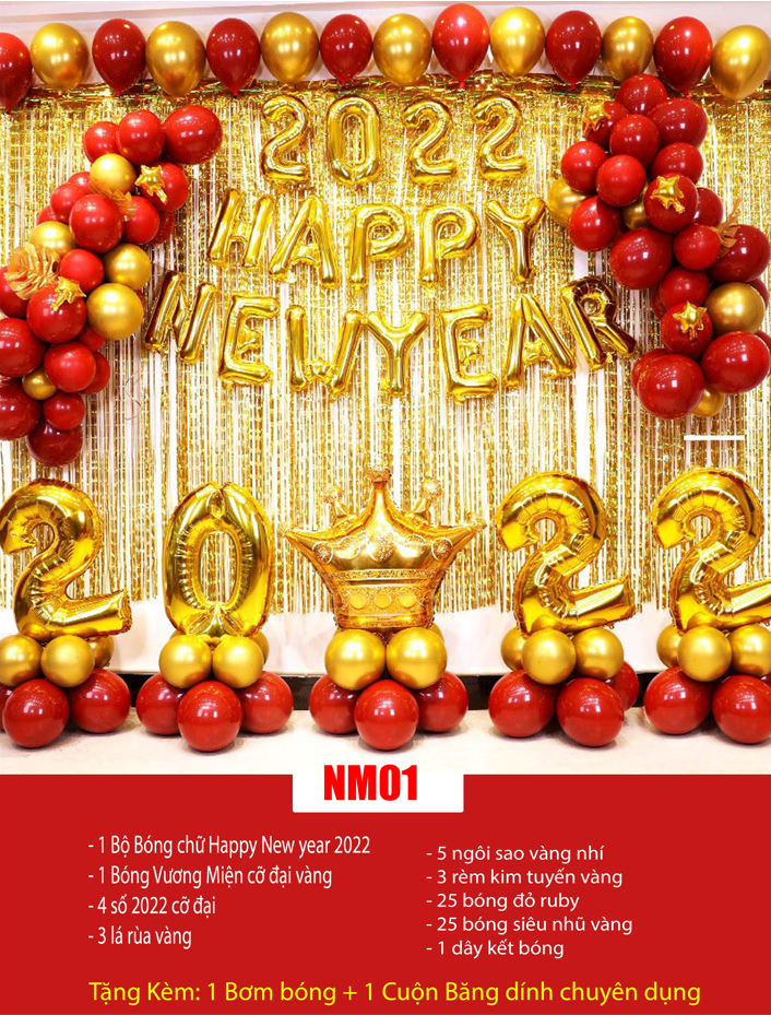 Set Bóng Bay Trang Trí Sự Kiện Tết Năm Mới Happy new year 2022 Tại Nhà Đủ Đồ Giá Rẻ