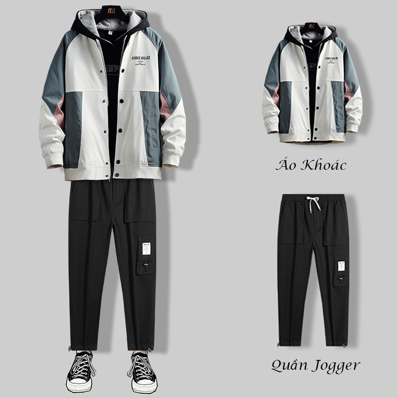 Bộ Đồ Nỉ Nam Áo Khoác Bomber Áo Khoác Nhẹ Tay Phối Sọc Chữ Kết Hợp Quần Jogger Túi Hộp Rút Gấu Năng Động Hot Trend Thời Trang SMARTLY GIRL SET NAM 90000179