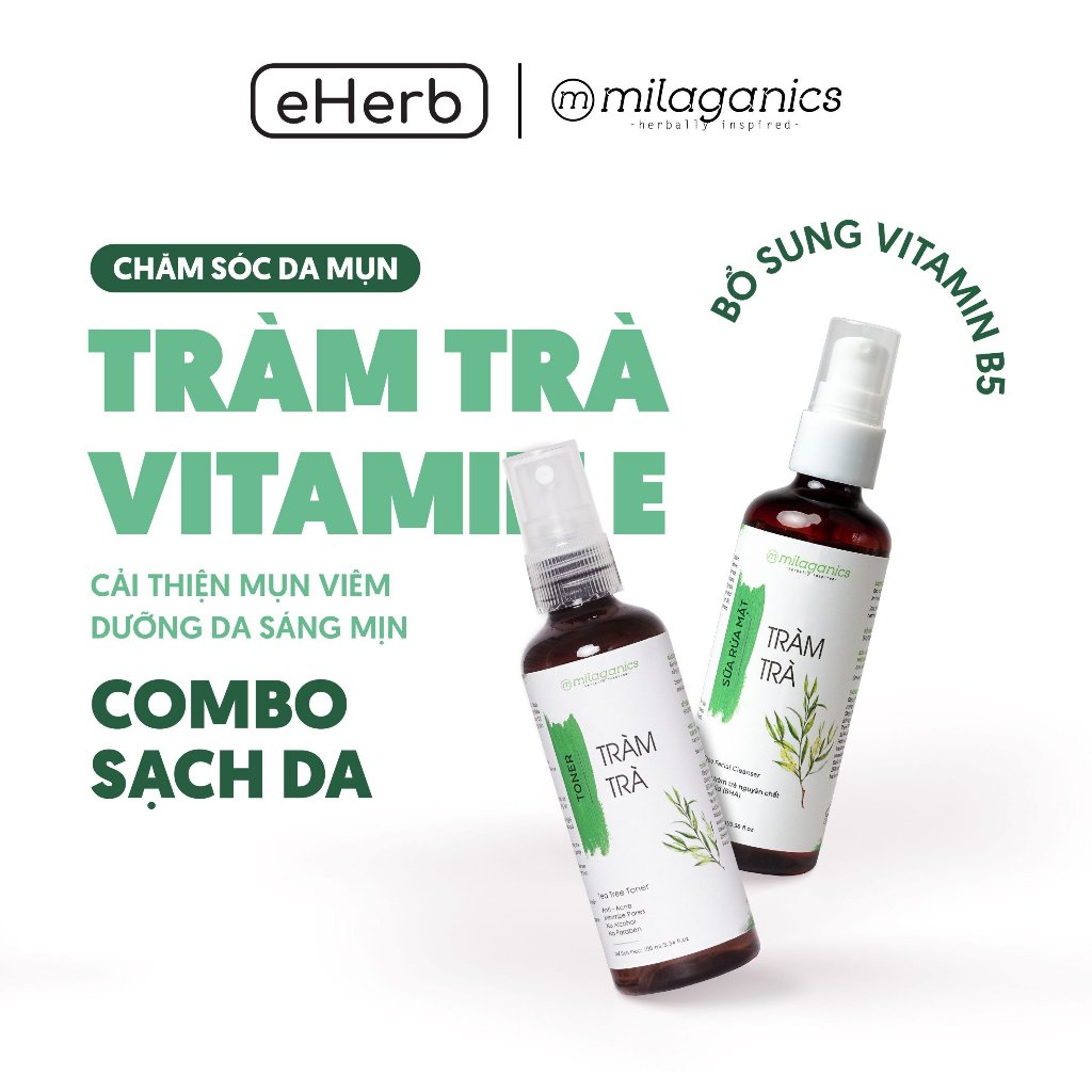 Sữa rửa mặt & toner tràm trà sạch dịu nhẹ, ngừa mụn milaganics 100ml - eherb