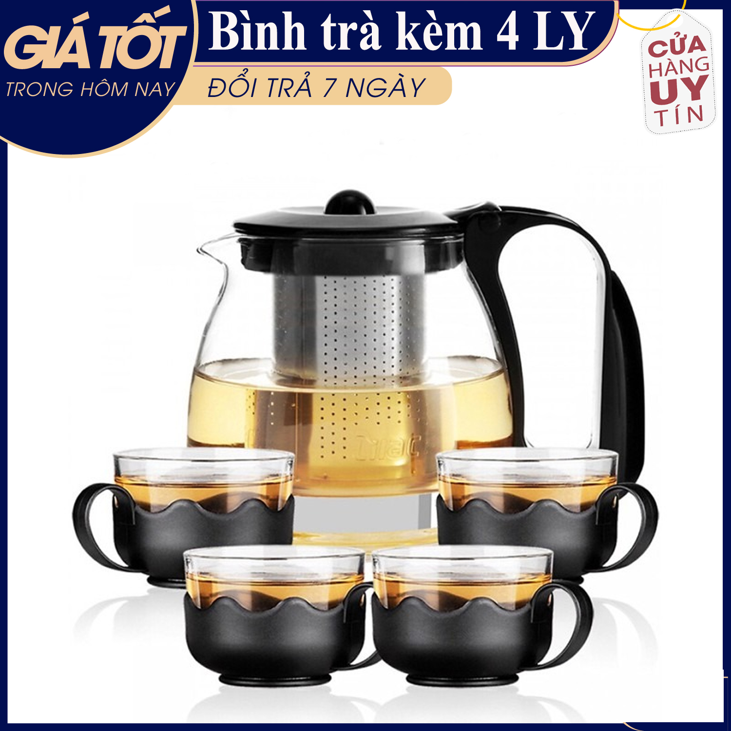 Binh trà - Bộ Bình Lọc Trà Thủy Tinh Kèm 4 Ly Lưới Lọc Inox 304 T.H Liac Tiện Dụng - Bình PhaTrà, Cafe Glass TeaPot Cao Cấp 700ml Tặng Kèm Ly Tiện Dụng