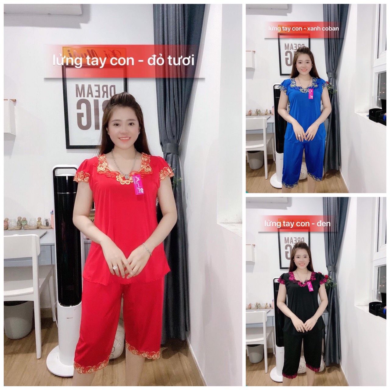 Bộ mặc nhà lửng thun lạnh viền ren loại 1 size từ 40-75kg