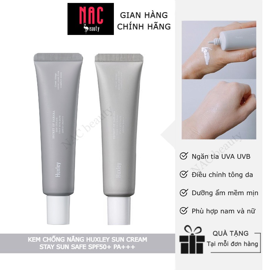 Kem chống nắng nâng tone và dưỡng ẩm da huxley tone up cream; stay sun safe spf50+ pa+++ 50ml _ huxley chính hãng