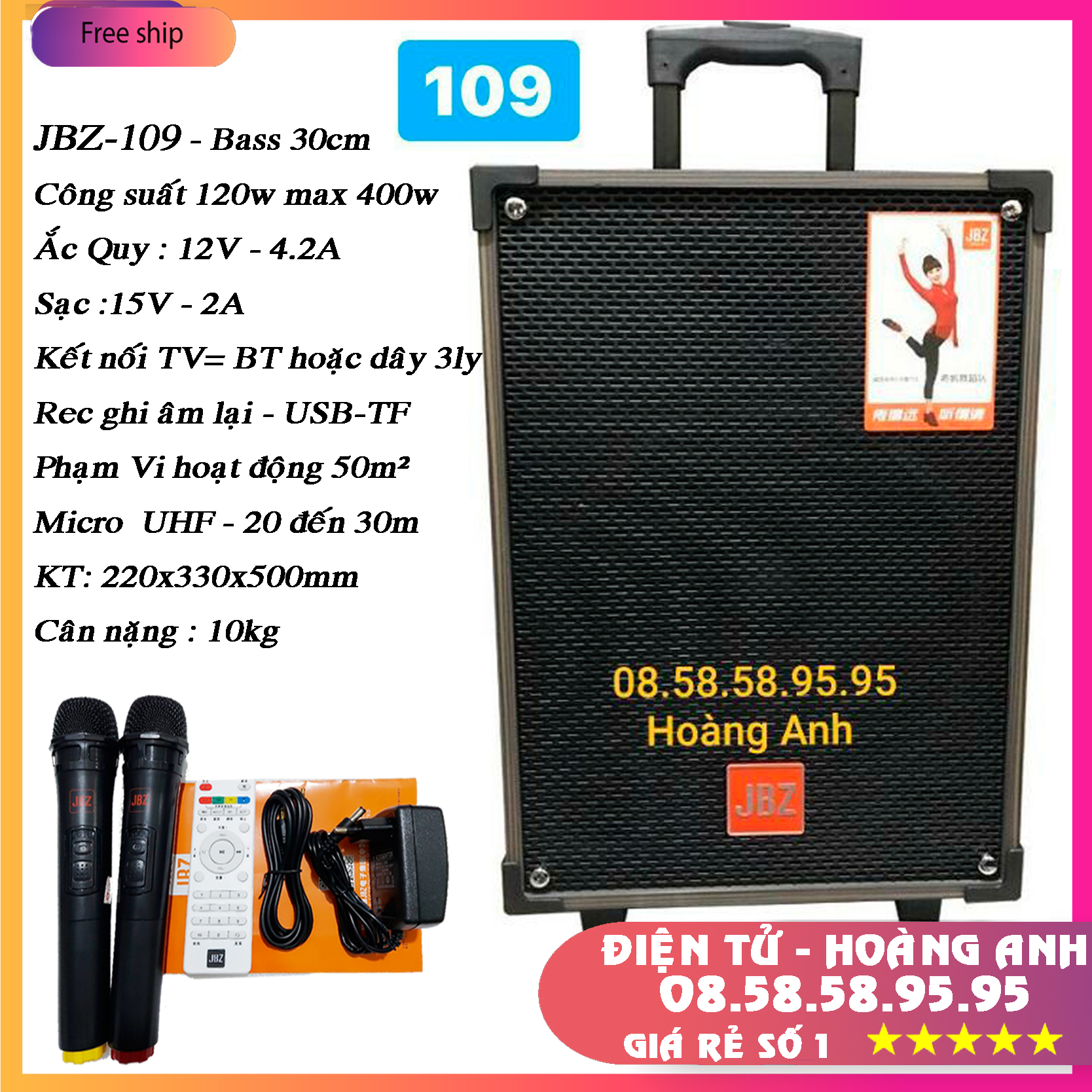 Loa kéo KARAOKE JBZ NE-109 loa 3 tấc tặng kèm 2 mic không dây + phụ kiện