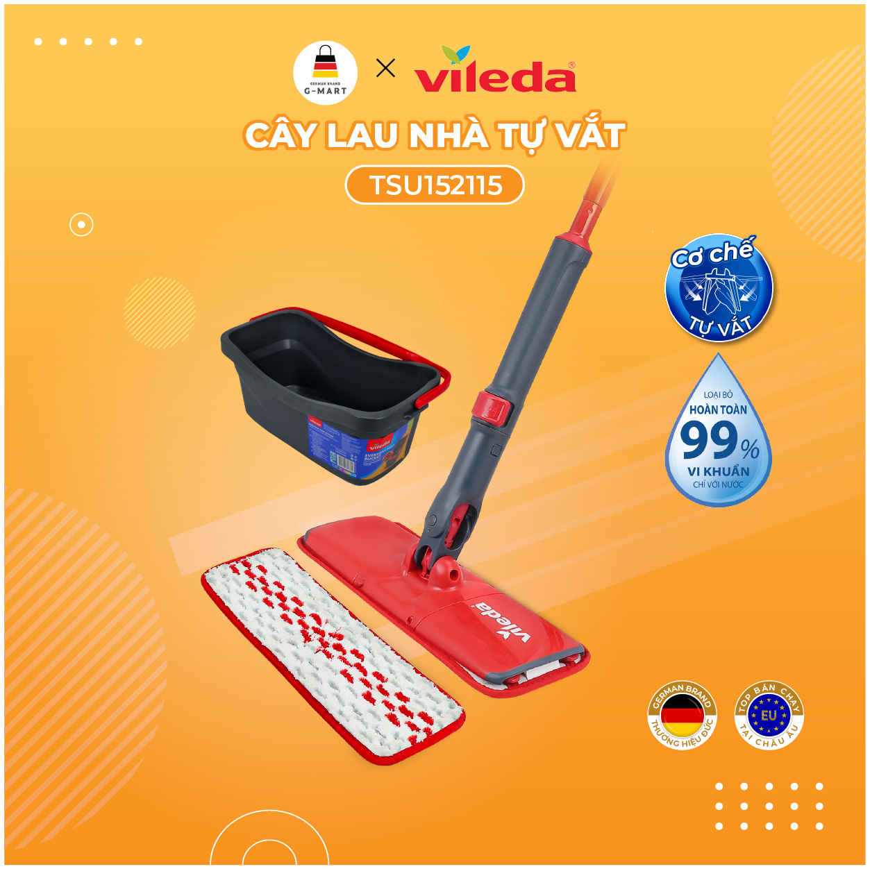 Cây lau nhà tự vắt VILEDA gồm xô giặt UltraMax Easy twist, bông lau quét sạch vết bẩn Powerzone