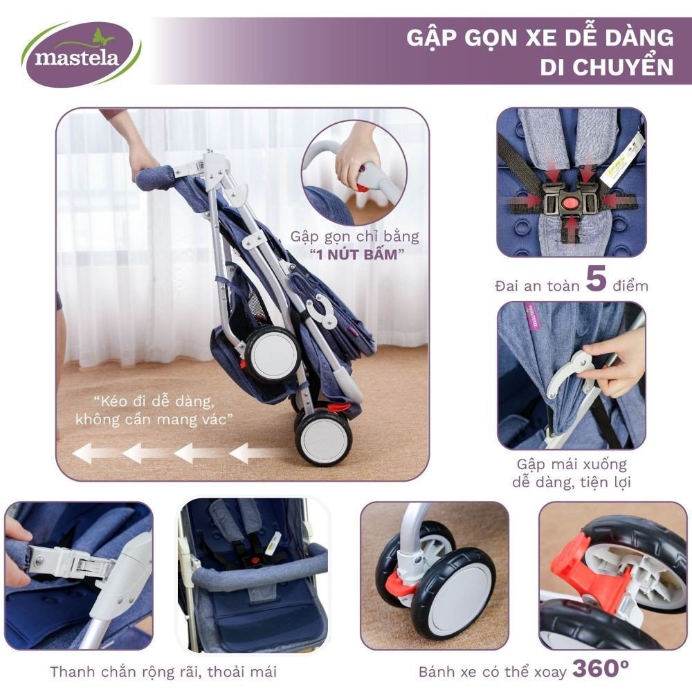 Xe đẩy em bé gấp gọn Mastela A2 khung Aluminum cao cấp siêu nhẹ - Xe đẩy trê em cho bé từ sơ sinh, chính hãng bảo hành 12 tháng