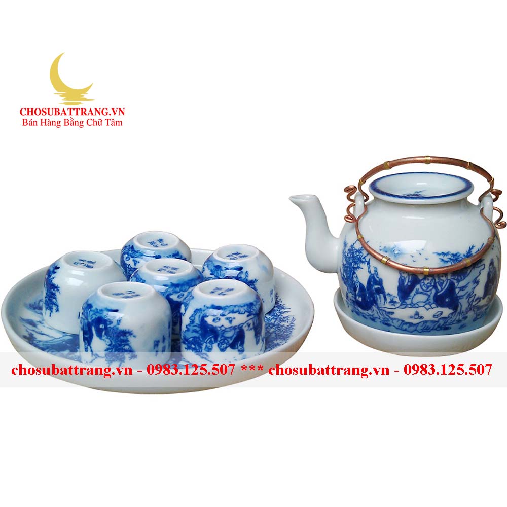 Bộ ấm chén men lam ''Phú An'' - vẽ Trúc Lâm Thất hiền - dáng khay