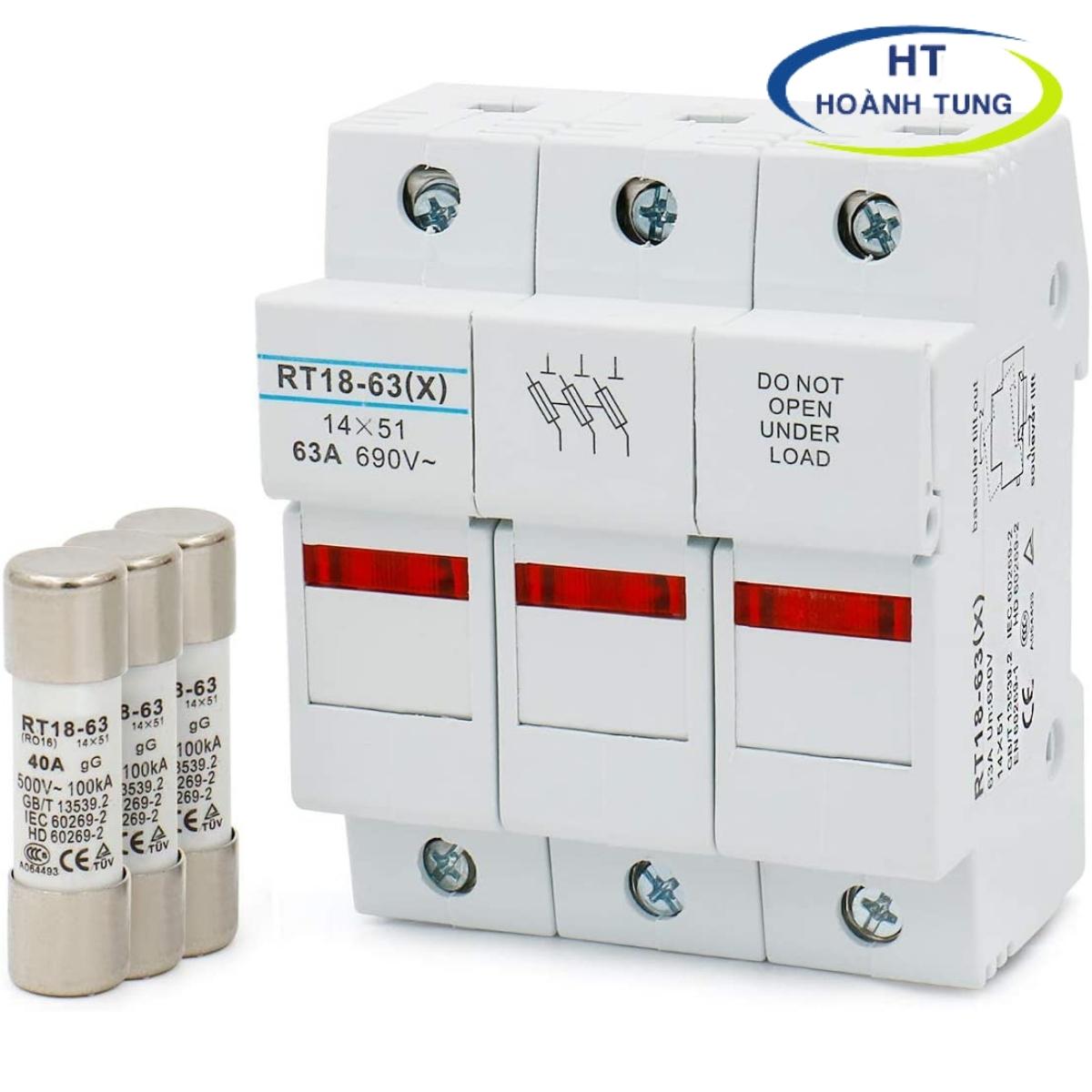 Bộ cầu chì sứ RT18-63X có đèn 3 pha bao gồm vỏ chì và ruột chì bảo vệ quá dòng, quá tải hệ thống điện
