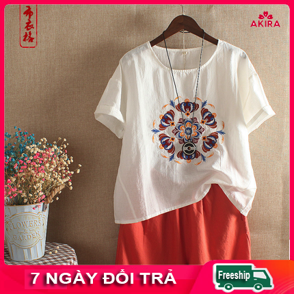 Áo kiểu linen thêu trung niên nữ - áo freesize form rộng cho nữ - quần áo dành cho người mập - Thời trang phong cách nhật