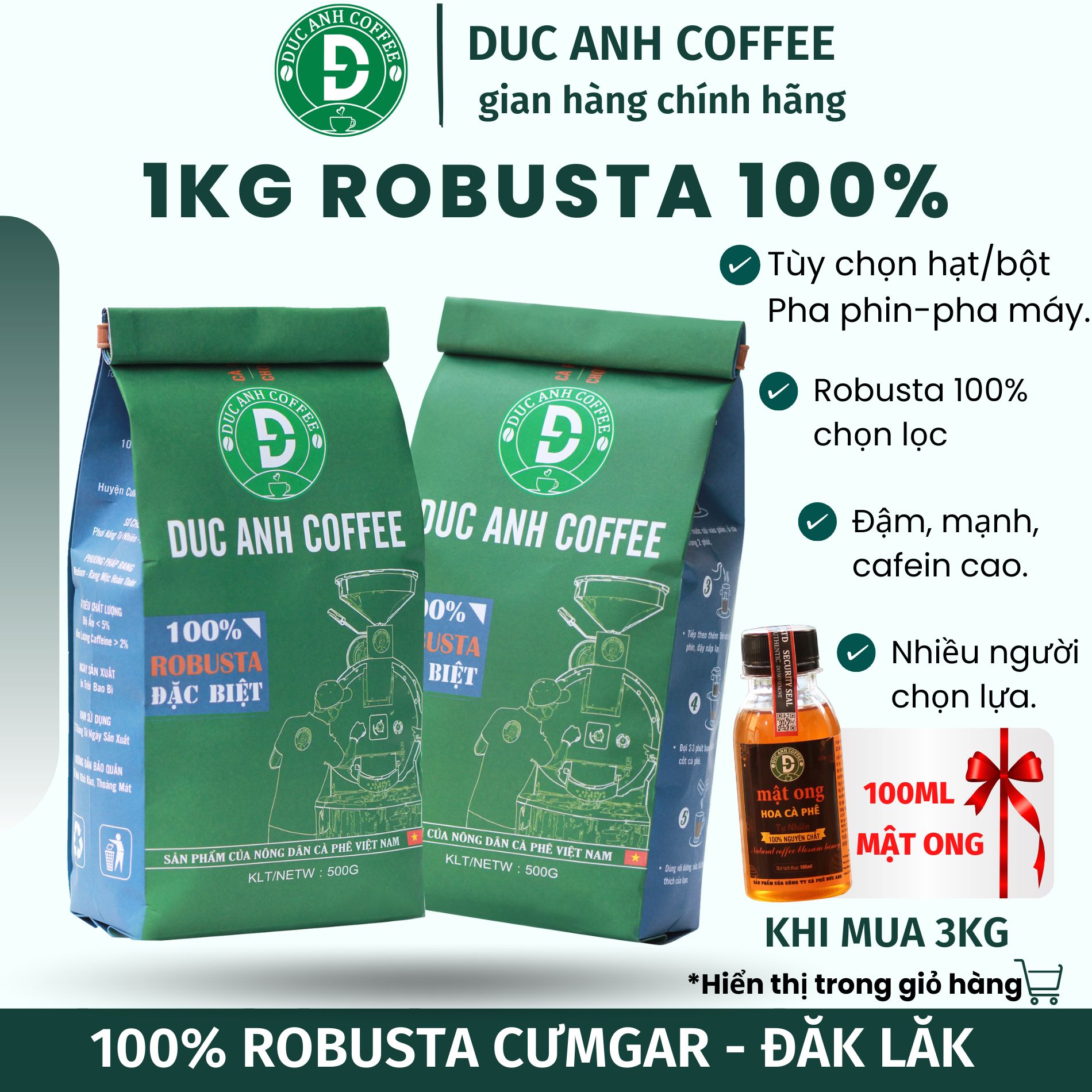 1kg Cà Phê Rang Xay Đặc Biệt DUC ANH COFFEE Rang mộc Pha Phin - 100% Robusta Thượng Hạng - chọn trái chín - Sản phẩm cà phê rang xay nguyên chất bán chạy - flash sale