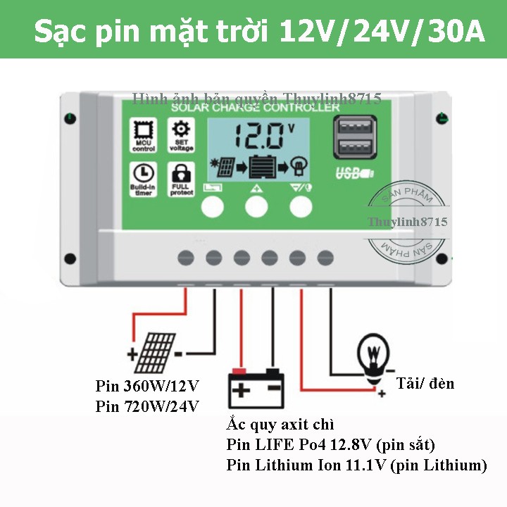 Bộ điều khiển sạc pin năng lượng mặt trời 30A 12V 24V