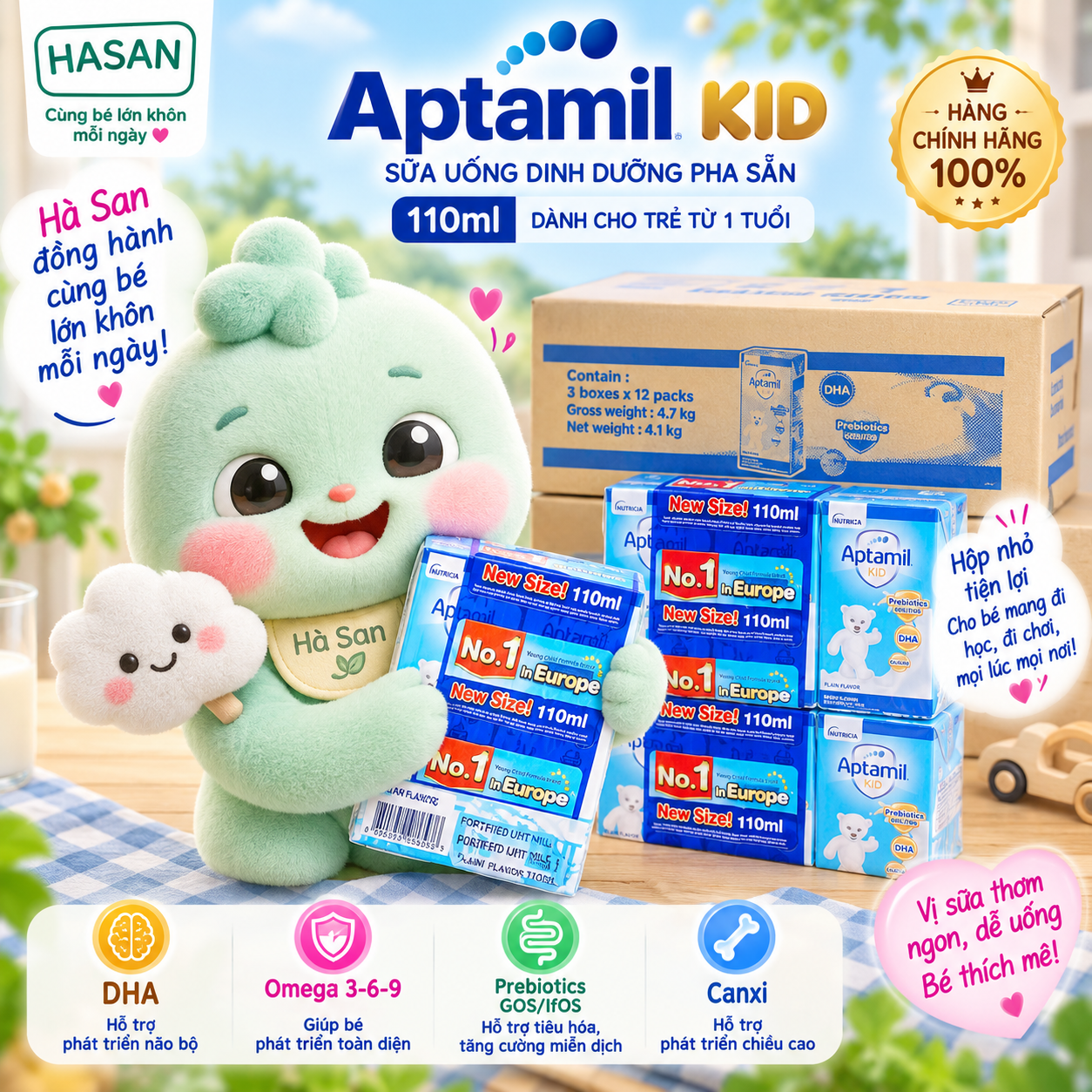 Sữa nước Aptamil Kid 110ml Pha Sẵn Cho Bé Từ 1 Tuổi Thùng 36 Hộp | DHA Omega 3-6-9 Probiotics Canxi | Hàng chính hãng 100% | Phù hợp cho trẻ từ 1 tuổi trở lên