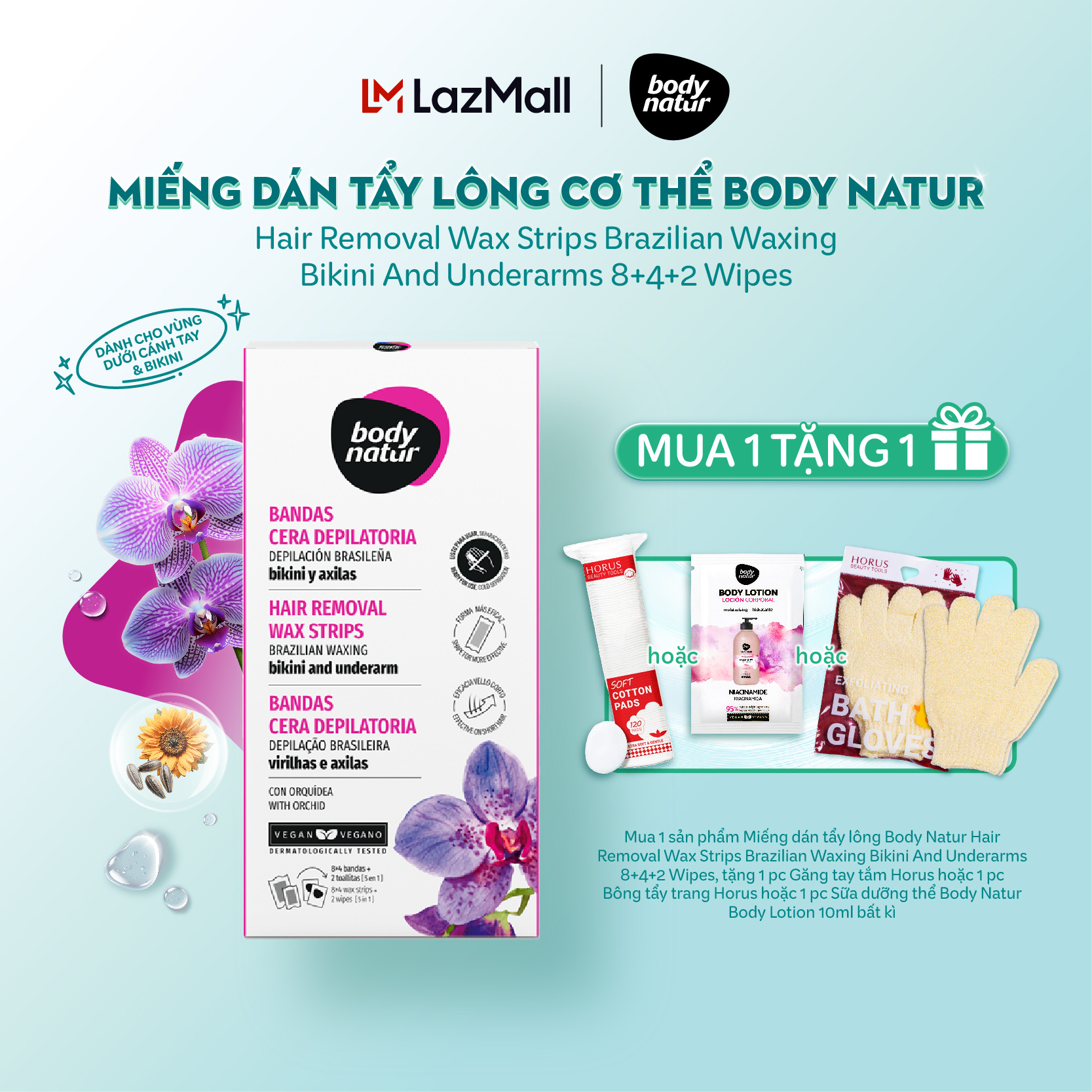 Bộ miếng dán tẩy lông Body Natur Hair Removal Wax Strips Brazilian Waxing Bikini And Underarms 8+4+2 Wipes (khăn lau)