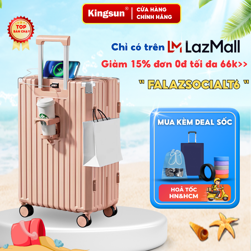 Vali kéo du lịch KINGSUN 302/T01 Nhựa ABS+PC Cao Cấp có cổng sạc USB -A + khay để cốc + móc treo đồ Bảo hành 5 năm