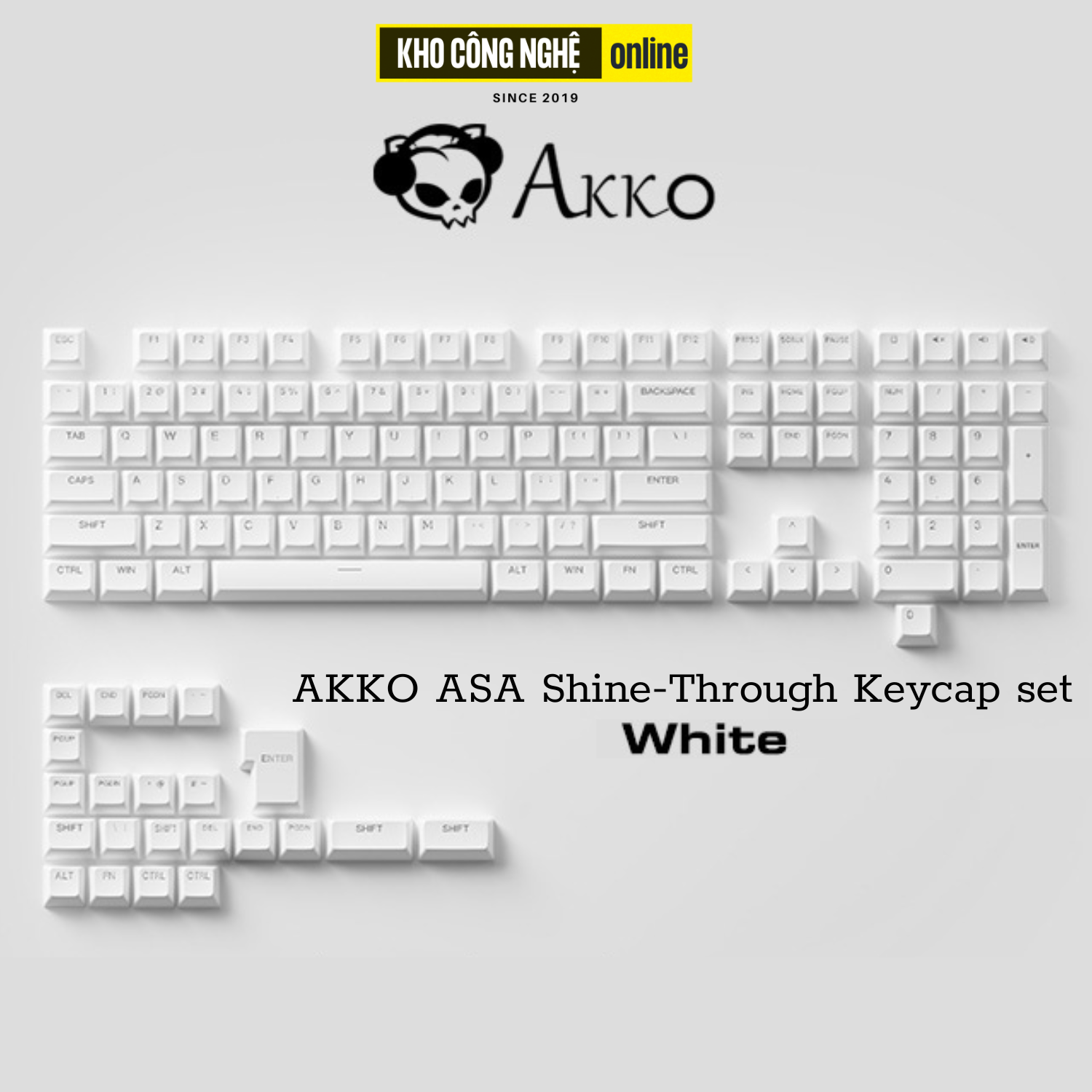 Bộ Keycap AKKO ASA Shine-Through Keycap set – White (Xuyên LED / ASA profile / 131 nút)