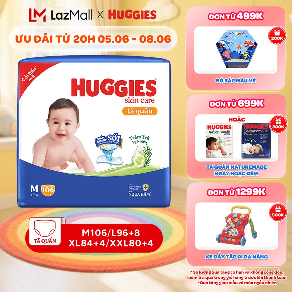 Tã quần Huggies Skincare Mega Jumbo M106/L100+4/XL84+4/XXL76+4 với tràm trà dịu da