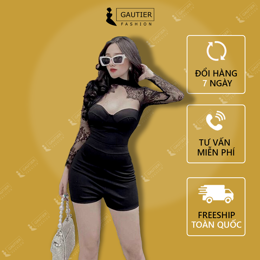 Jumpsuit - Jum Nữ Đùi Ôm Body Phối Ren Tay Dài ( Có Mút Ngực ) Thời Trang Gautier, Thích Hợp Dự Tiệc Đi Chơi Dạo Phố, Phong Cách Trẻ Trung Gợi Cảm, Onesize Từ 42 - 52kg