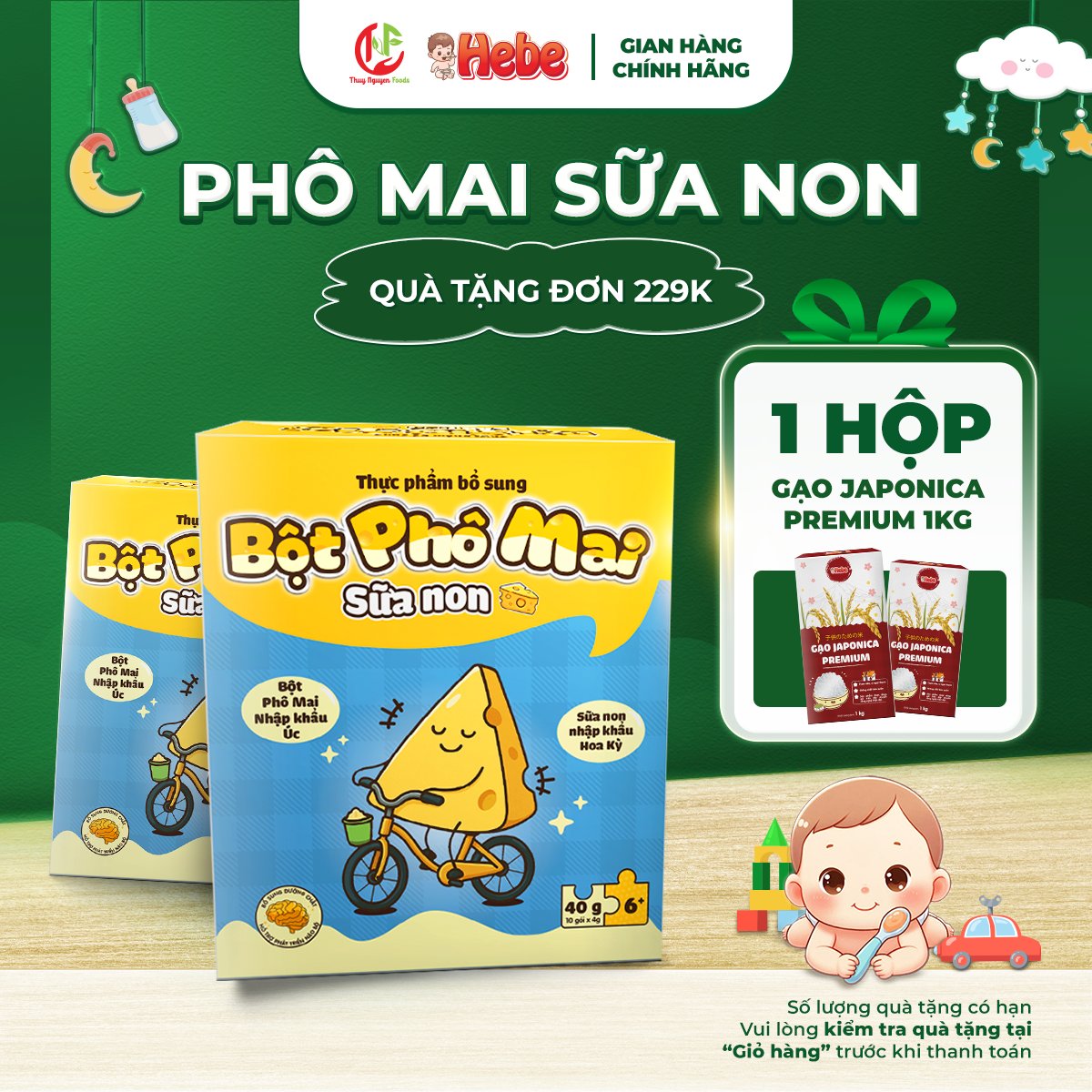 Bột Phô Mai Sữa Non HEBE - tách muối, nguyên liệu nhập khẩu, dành cho bé từ 6 tháng -Hộp 10 gói x 4g