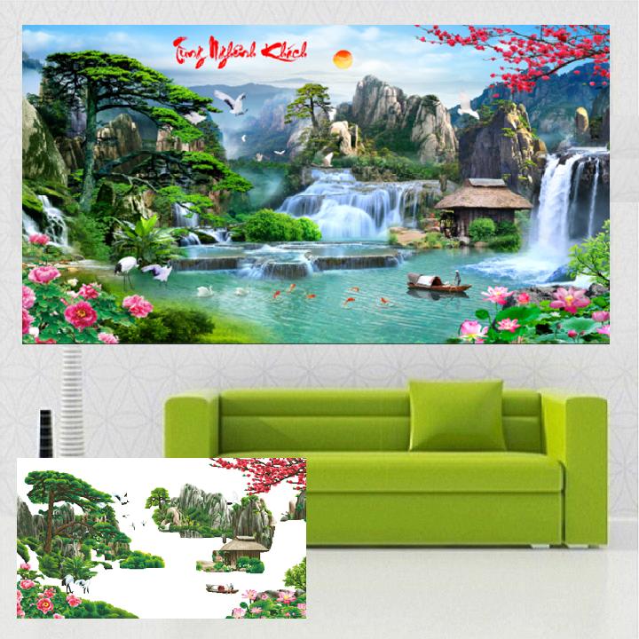 Tranh đính đá Tùng nghênh khách, Tranh đính đá phong cảnh thiên nhiên 140*75CM (TRANH TỰ ĐÍNH)