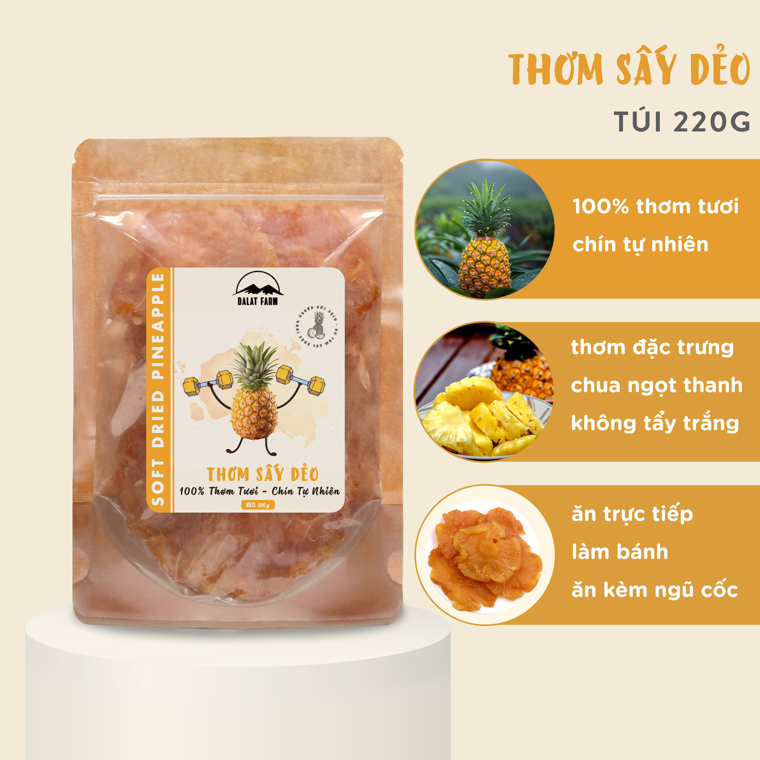  Thơm Sấy Dẻo Dalat Farm - Túi 220g 