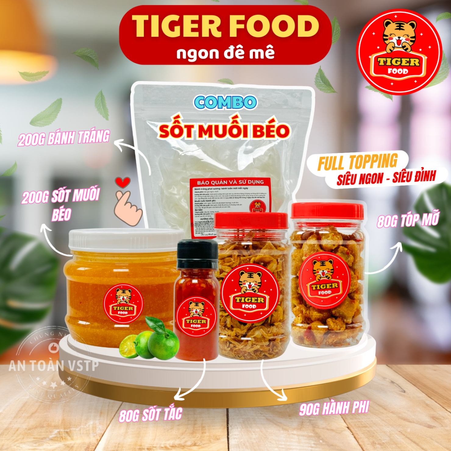 Bánh tráng muối béo tiger food bánh tráng phơi sương muối béo + tóp mỡ + hành phi + sốt tắc full topping siêu ngon