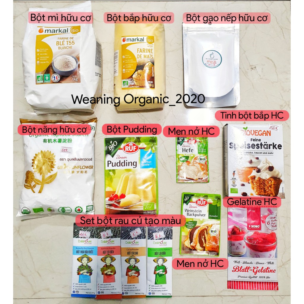 Bột hữu cơ làm bánh cho bé/ bột mì, bột bắp, bột năng, gelatine, pudding, bột nếp, bột nở, men nở, đường, bột gạo
