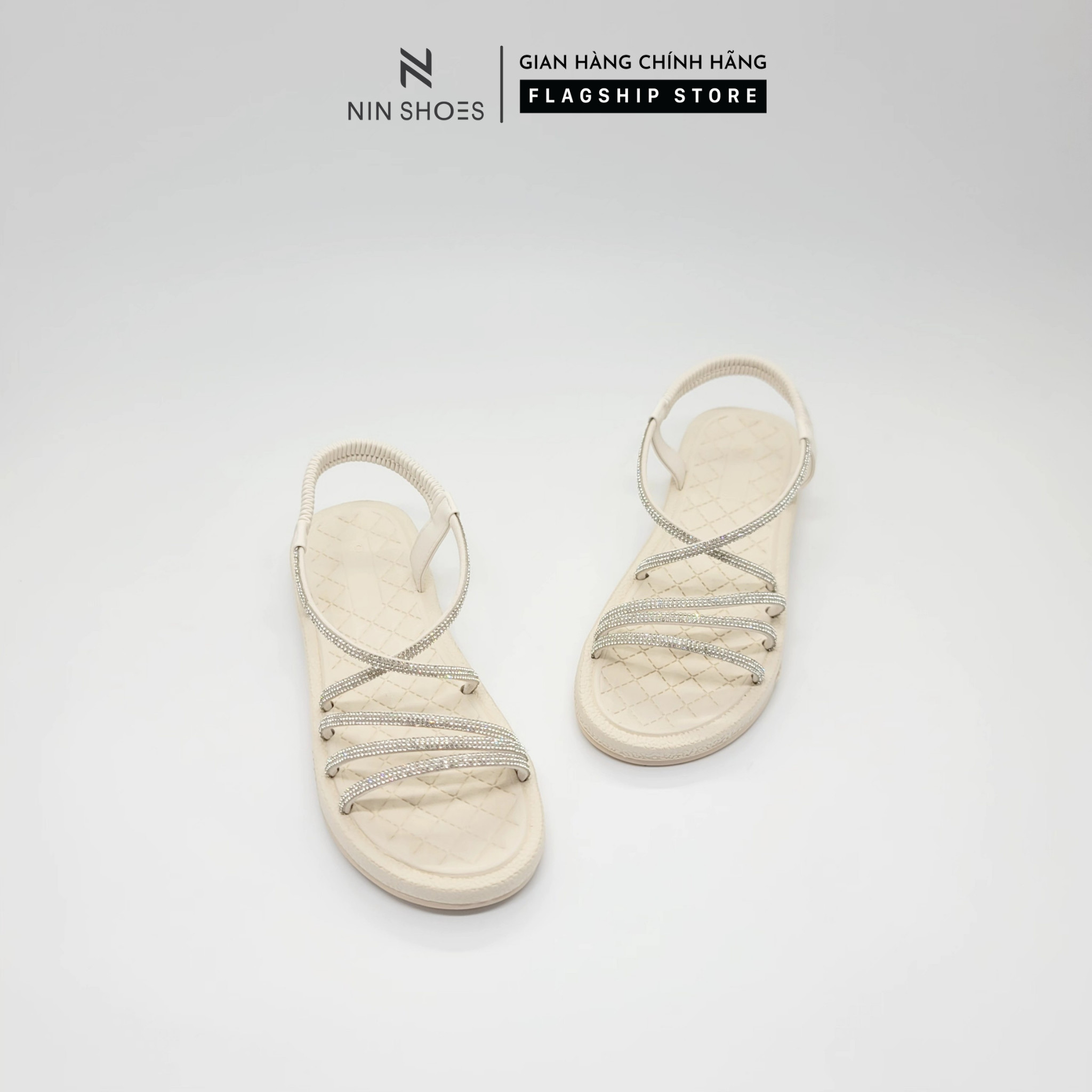 Dép nữ Ninshoes đế bằng quai ngang đính đá quai hậu chun sau siêu êm tiện lợi