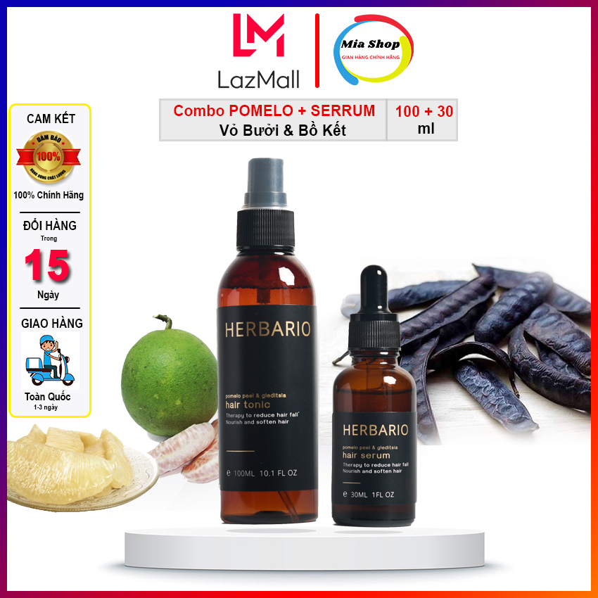 Combo chăm sóc tóc HERBARIO Nước Dưỡng Tóc + Serum mọc tóc tinh dầu vỏ bưởi và bồ kết ( 100ml + 30ml )