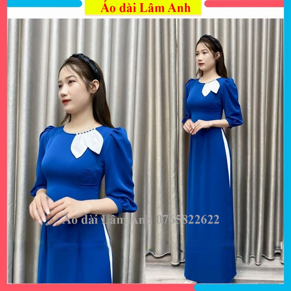Áo dài cách tân nữ trẻ trung màu xanh chất lụa mỹ mềm mịn co giãn- áo dài thiết kế by lâm anh