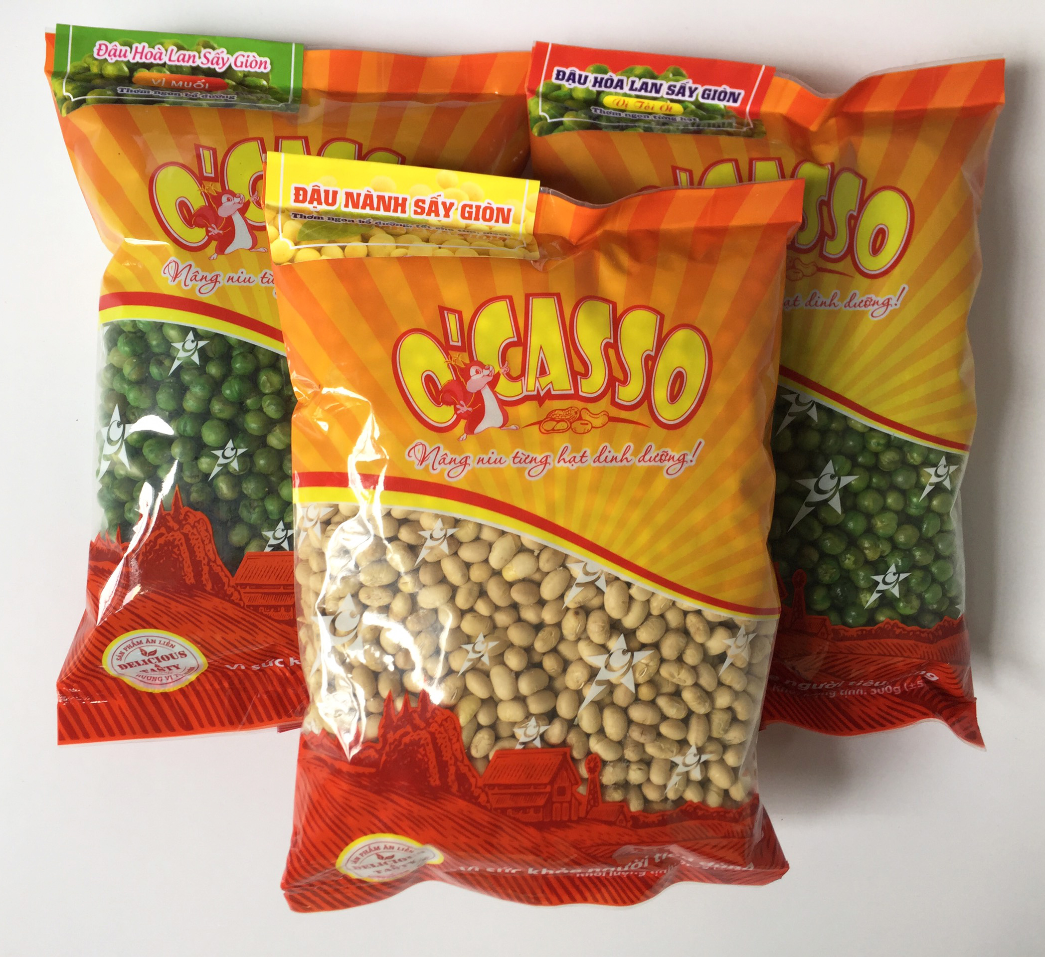 15kg combo 3 gói đậu hòa lan sấy giòn vị tỏi ớt + vị muối + đậu nành sấy giòn ocasso