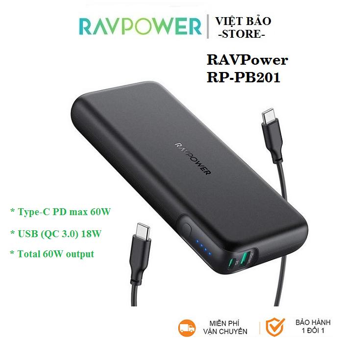 Pin sạc dự phòng ravpower rp-pb201 20000mah quick charge 3.0 pd 60w, in/out type-c sạc nhanh ip ipad, máy tính bảng
