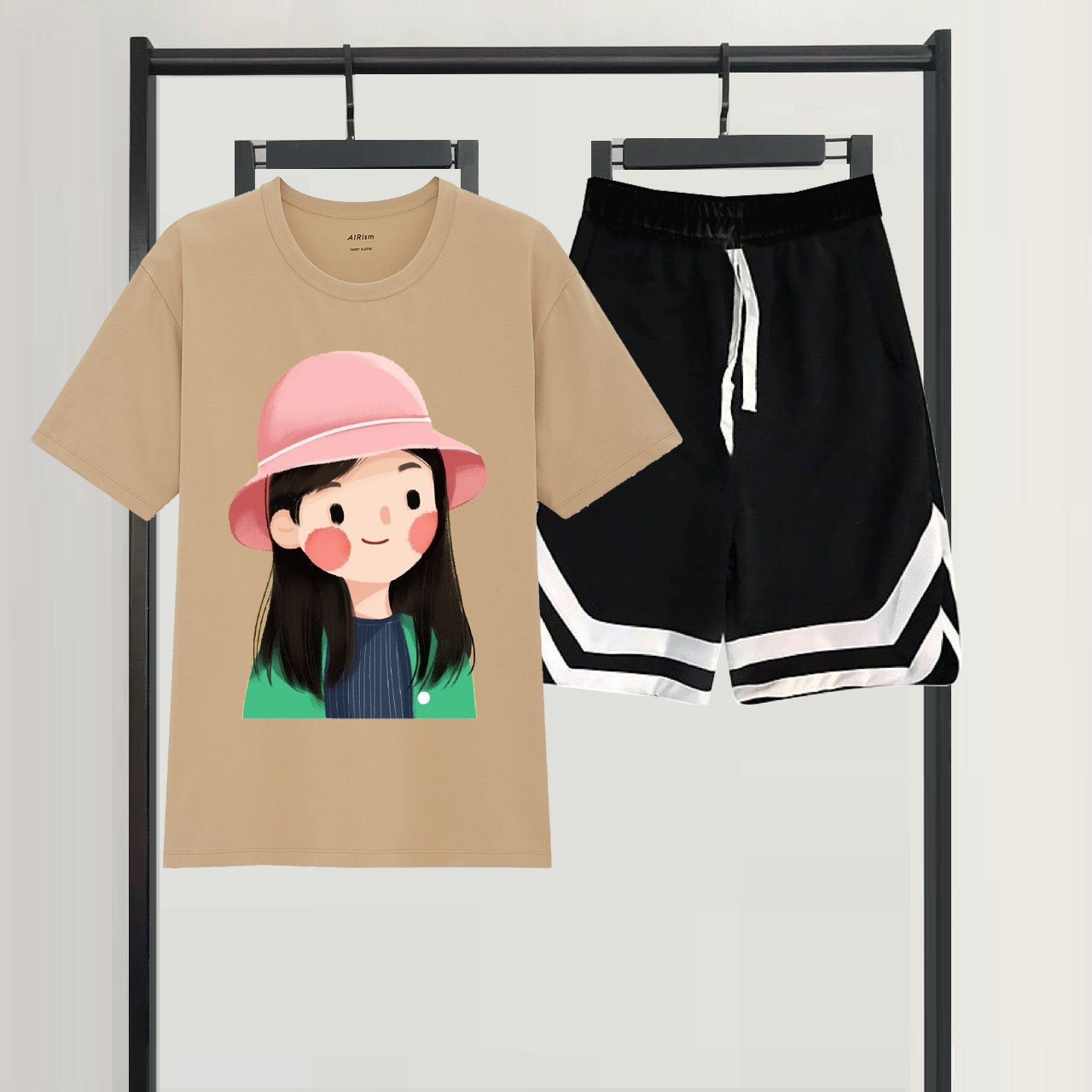 Sét Bộ Đùi Mùa Hè Thời Trang Ulzzang Nữ In 3D Cô Gái Má Hồng Đội Mũ Mặc Đi Chơi Cá Tính, Mặc Ở Nhà, Áo Cotton Mix Quần Đùi Viền V Phong Cách