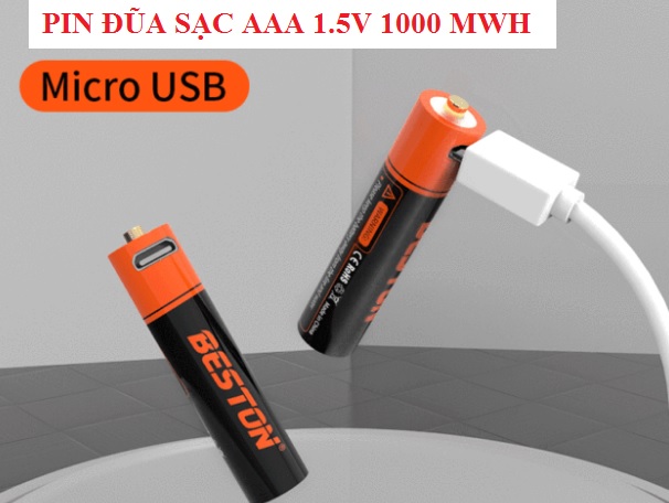 Bộ 2 Viên Pin Đũa Sạc BESTON AAA Lithium-ion 1.5V Tự Sạc Bằng Cổng USB Không Cần Bộ Sạc, Dùng Cho Điều Khiển Tivi, Điều Hòa, Chuột Không Dây, Đèn Pin